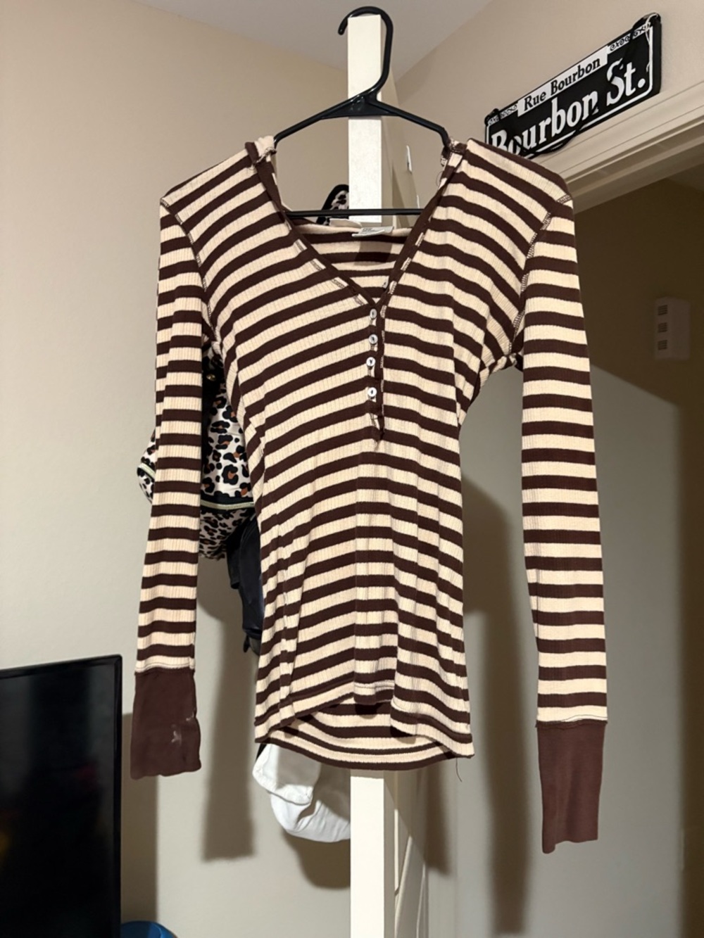 Striped Brown & Cream Ribbed Henley Long Sleeve Top